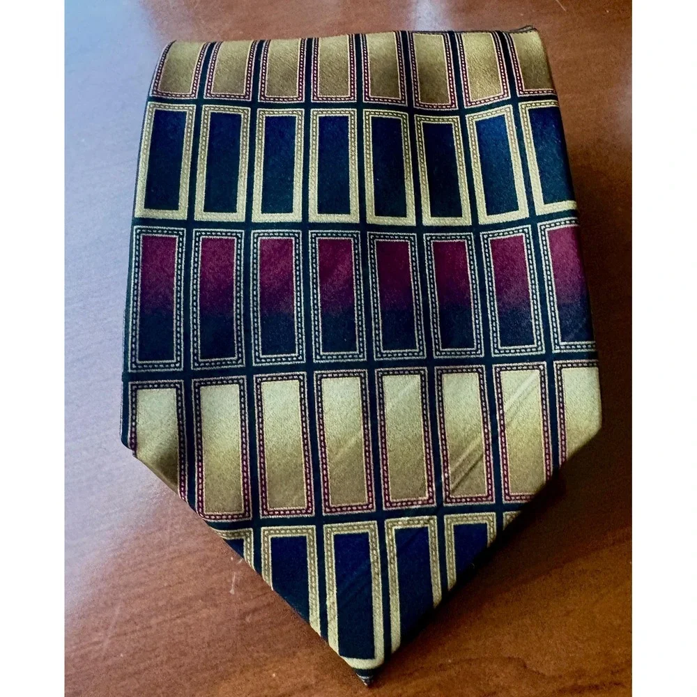 Vintage Bergamo New York Silk Tie Mens Geometric Rectangle Gold Blue Burgundy
